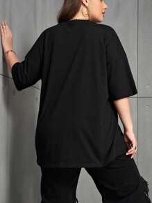 INAWLY Plus Size Women Letter Graphic Print Short Sleeve Round Neck T-Shirt