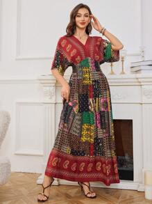 SHEIN Lacomfia Casual Modest Placement Floral Design Dress For Women - Red - View 6