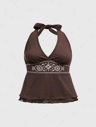 Hippie Parte superior de tirantes con bordado de tótem, dobladillo con volantes, para mujeres de talla grande