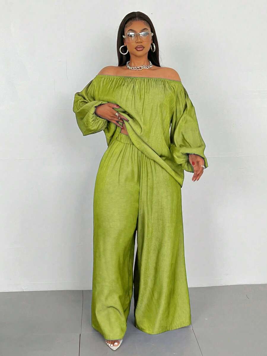 Maweii Plus Size Solid Color Off Shoulder Lantern Sleeve Top And Pants 2 Pieces Set Fall Cloth For Women - Lime Green - View 1