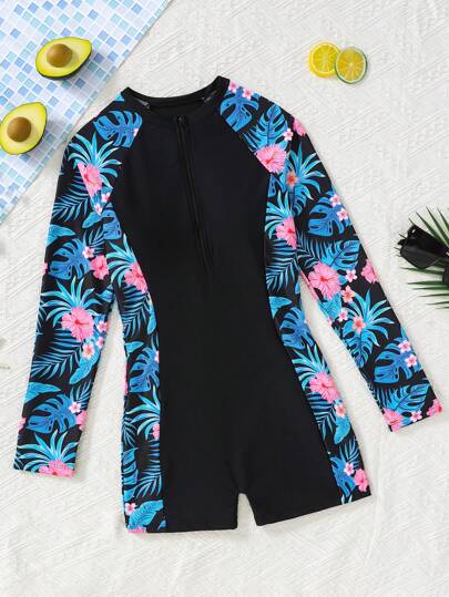 SHEIN Teen Girls Black Patchwork Tropical Plant Print One-Piece Swimsuit, Colorblock Rashguard Short Sleeve Cover Up, Conservative Style, Suitable For Summer Vacation And Sports