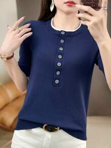 SHEIN LUNE Top de punto informal con decoración de botones lisos, estilo coreano - azul real - Ver 4