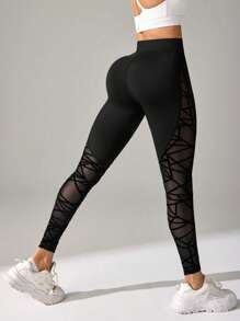 Core Rhythm Quần legging lưới hình học cạp cao cho nữ mặc hàng ngày và quần tập yoga thể thao - màu đen - Xem 3