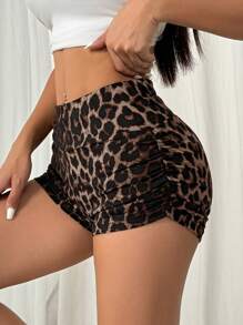 MainGRL Women's Sexy Side Ruched Leopard Print Casual Cropped Leggings Shorts - Brown - View 3
