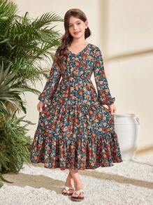SHEIN Vestido elegante de manga larga con escote en V, cintura ajustada y estampado floral pequeño para niña preadolescente. Vestido de largo midi, color verde, estilo campestre, estilo casual de vacaciones. Conjunto a juego para mamá e hija.