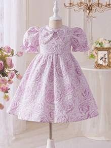 SHEIN 少女提花泡泡袖彼得潘领修身连衣裙 - 紫色 - 查看 1