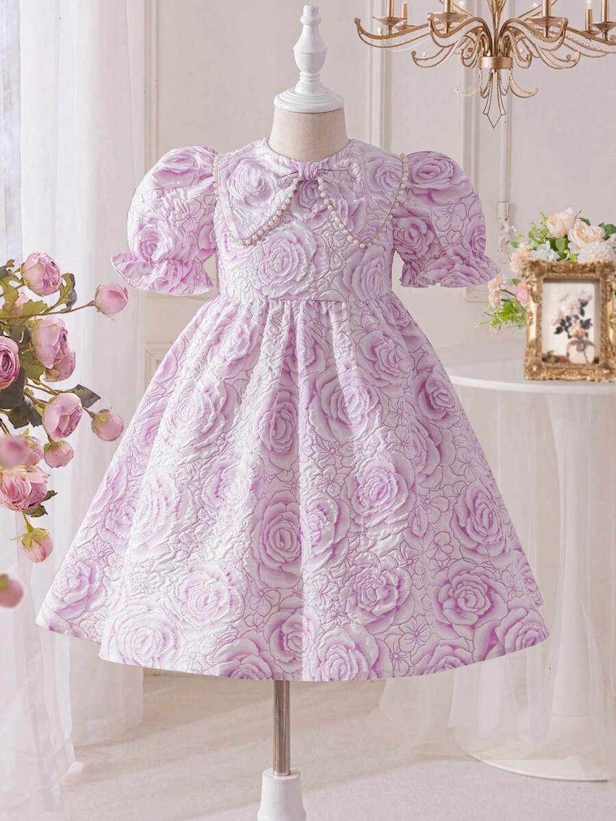SHEIN 少女提花泡泡袖彼得潘领修身连衣裙 - 紫色 - 查看 1