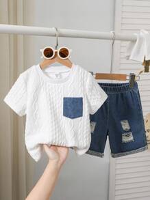 SHEIN Genkimix Kids 2pcs Young Boy Soft Knit Wavy Crew Neck Short Sleeve Tee & Ripped Denim Shorts Set, Suitable For Outdoor & Street Wear - Multicolor - View 6
