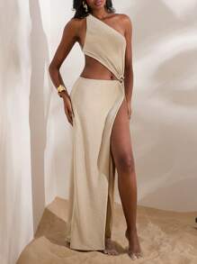 Opulessa Solid Color Knitted Cutout Shoulder Split Hem Dress For Women - Baby Pink - View 4
