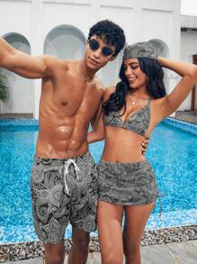 Manfinity Shorts de playa con cordón para hombre con estampado de paisley