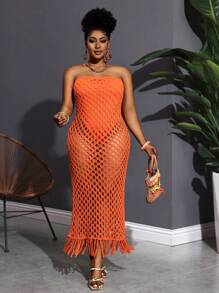 Slaydiva 2025 Novos feriados férias casual minimalista vazado sem mangas macacão - bainha franjada vestido longo de malha versão A - Laranja - Ver 1