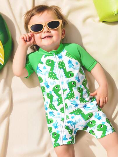 Newborn One-Piece Zip-Up Swimsuit, Adorable Dinosaur Print