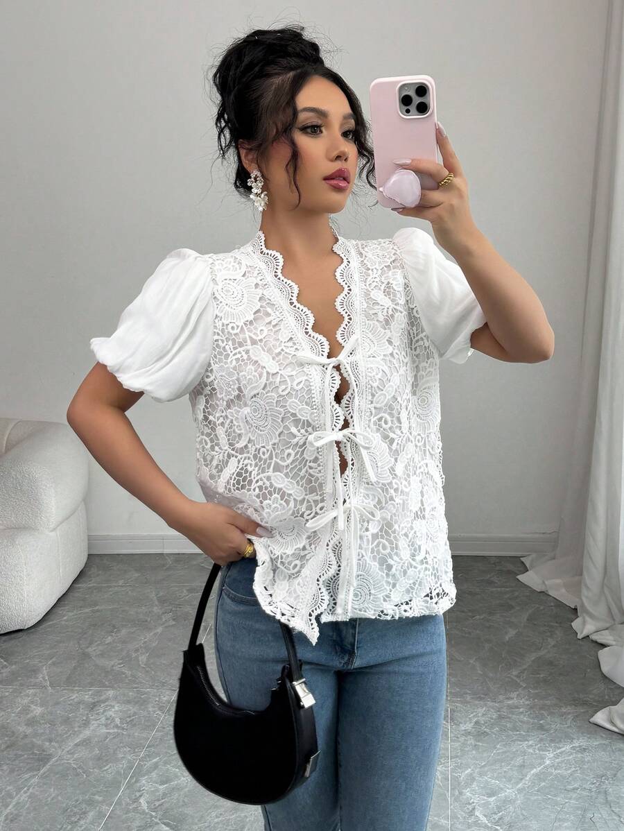 Chiquease 优雅性感法式镂空蕾丝灯笼袖蝴蝶结女式衬衫 - 白色 - 查看 1