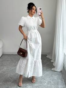 Rafferiza 法式优雅通勤纯色翻领单排扣穿孔印花图案灯笼袖系带女式连衣裙 - 白色 - 查看 5