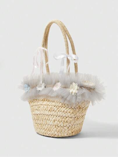 Kawaii Women's Contrast Mesh Ruffle 3D Flower Decor Bohemian Style Crossbody Bag