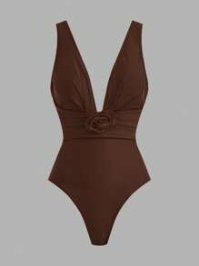 Swim Oasis 1 Set Women 2-In-1 Solid Color 3D Floral Decor One-Piece Swimsuit And Skirt
