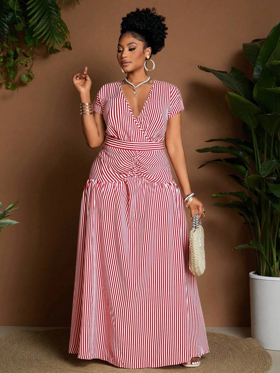 Maweii Plus Size Striped Plus Size Dress, Casual & Vacation Style - Red and White - View 1