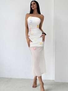 Firerie Sukienka bandeau wiosenno-letnia bez ramiączek, nowa, elegancka, romantyczna, na randkę, na wakacje, z marszczeniami w talii, kolorowa, 3D, ręcznie robiona, z siateczki kwiatowej, w kolorze białym, odpowiednia na sezon ślubny walentynek