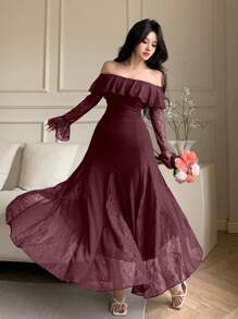 DAZY 女士性感裹身中长优雅连衣裙，春夏优雅，荷叶边 - 紅木色 - 查看 4