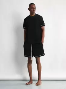 SUMWON 奢华运动休闲针织家居服套装，滚边撞色细节，夏季睡衣，家居服 - 黑色 - 查看 1