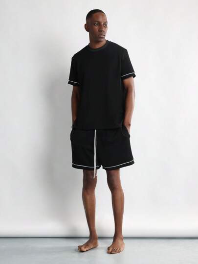 SUMWON Luxuriöser Athleisure Jersey Loungewear Set mit kontrastierendem Paspeldetail, Sommer Nachtwäsche Hauskleidung