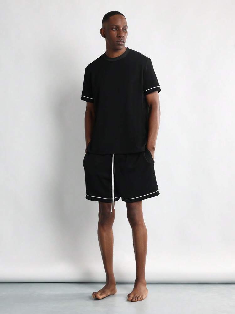 SUMWON 奢华运动休闲针织家居服套装，滚边撞色细节，夏季睡衣，家居服 - 黑色 - 查看 1