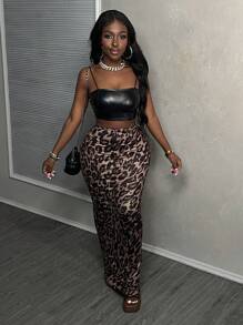 SHEIN Tall CURVE Chân váy dài nữ cỡ lớn, lưng thun, họa tiết da báo, kiểu dáng thường ngày, thích hợp cho mùa xuân. - màu nâu - Xem 2