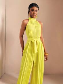 Zivah 2025Mùa xuân và mùa hè phong cách mới thường ngày kỳ nghỉ nhỏ không tay cổ đứng xếp ly quần ống rộng siêu dài thắt lưng nơ màu vàng bộ đồ liền thân cho nữ-M, thích hợp cho lễ hội âm nhạc, lễ Phục sinh, đám cưới, phong cách Boho, phong cách phương Tây, sinh nhật, lễ tốt nghiệp, sinh viên, trang phục thường ngày, phù hợp với mọi phong cách, giải trí, du lịch du ngoạn, bãi biển, tắm nắng, vải có họa tiết - Màu vàng - Xem 7