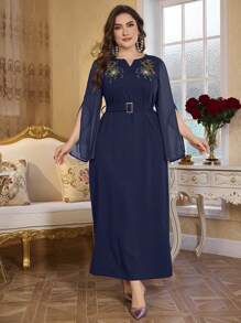 Modelyn Vestito taglie forti con scollo a V, in chiffon e maglia, patchwork, ricamato, a campana, con laccio in vita, elegante e snellente