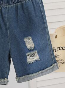 SHEIN Genkimix Kids 2pcs Young Boy Soft Knit Wavy Crew Neck Short Sleeve Tee & Ripped Denim Shorts Set, Suitable For Outdoor & Street Wear - Multicolor - View 5