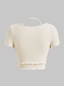 Tween Girls Ribbed Contrast Trim Mock Neck Peplum Hem Short Sleeve T-Shirt, Back To School Casual Versatile Top, Y2K Style, Mommy And Me Matching - Beige - View 2