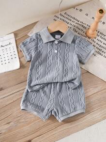 2 件装男婴休闲针织提花短袖 Polo 衫，翻领半开襟，纯色针织松紧腰短裤，夏季，6M-3T，儿童服装，幼儿服装，婴儿服装，婴幼儿服装，幼儿 Polo 衫，幼儿短裤，婴儿套装 - 灰色 - 查看 1