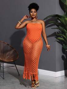 Slaydiva 2025 Novos feriados férias casual minimalista vazado sem mangas macacão - bainha franjada vestido longo de malha versão A - Laranja - Ver 8