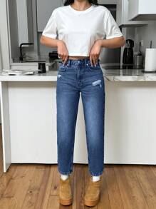 EURMUSE 100% Cotton HIGH RISE MOM CUT RIPPED WOMEN JEAN - Dark Wash - View 6