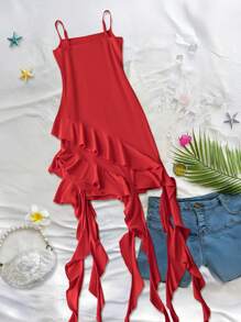 SHEIN ChicEase Váy dây màu trơn cho nữ, đơn giản & thời trang, phù hợp cho mùa hè - Đỏ - Xem 2