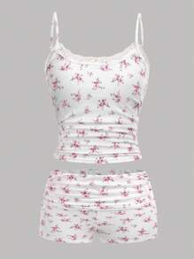 Girlism Teen Girls Spring& Summer,Valentine Day Clean Girl,Cute, Casual Ditsy Floral Ruched Slim Fit Spaghetti Strap Mini Shorts Two Pieces Set,Vintage