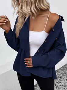 SHEIN LUNE Casual Versatile Simple Solid Color Ruffle Hem Jacket - Royal Blue - View 4