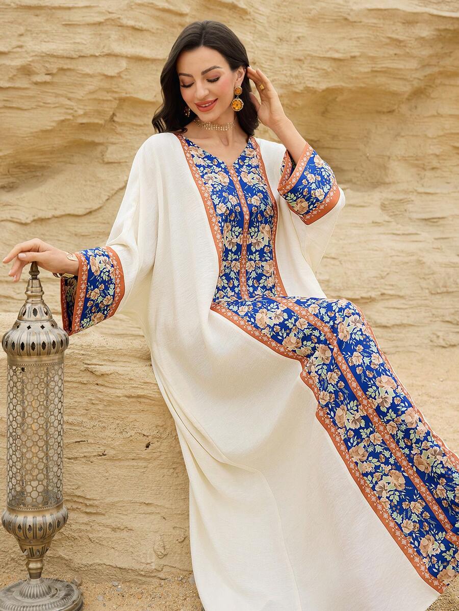 Al Najma 女式土耳其/阿拉伯风格长款束腰外衣，前袖和肩袖饰有花卉图案 - 藍色 - 查看 1