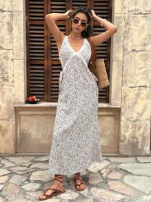 SHEIN Frenchy Vestido feminino casual com estampa floral e renda, sem mangas, para férias - Multicolorido - Ver 3