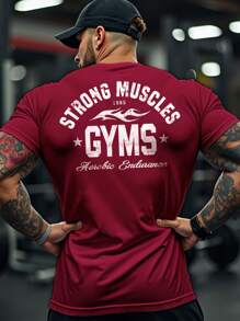 GymBeat Áo thun tập thể dục tay ngắn cổ tròn in chữ cho nam, áo tập gym, áo thun Giáng sinh thoáng khí - Màu Đỏ Sâu - Xem 1