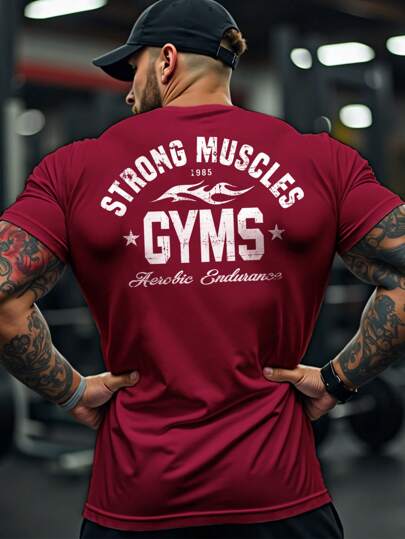 Manfinity Sport PWRUP Men's Letter Print Round Neck Casual Fitness  Workout Short  Sleeve T-Shirt Workout Tops Gym Top Christmas Breathable