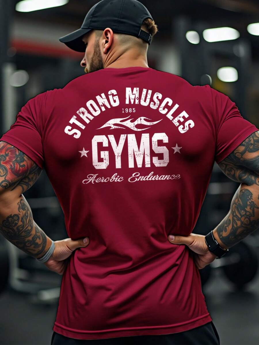 GymBeat Áo thun tập thể dục tay ngắn cổ tròn in chữ cho nam, áo tập gym, áo thun Giáng sinh thoáng khí - Màu Đỏ Sâu - Xem 1