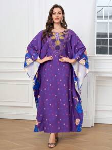 Al Najma Floral & Geometric Spiral Pattern Batwing Sleeve Long Arabic Abaya, Suitable For Daily Wear, Women Formal Elegant Evening Dress, Prom Summer Dress, Modest