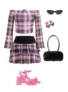 SHEIN 2pcs Set Teen Girls Casual Striped Off Shoulder Cropped T-Shirt And Colorblock Mini Skirt - Black - View 2