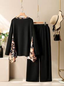 Lacomfia 2pcs Plus Size Colorblock Print Asymmetrical Top And Pants Set