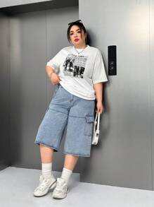 SHEIN EZwear Pantalones vaqueros holgados y de pierna ancha con bolsillo de carga para mujer de talla grande
