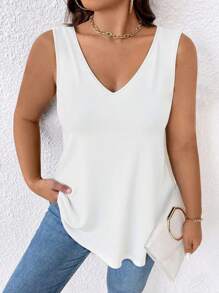 EMERY ROSE Plus Size Casual Plain Color Versatile Tank Top - White - View 3