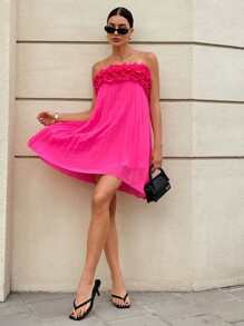 SHEIN Essnce Summer Dresses For Women 2025: Elegant 3D Ruffle Trim Strapless Mini Dress With Pleated Hem, Hot Pink Casual Beachwear & Textured Camisole - Hot Pink - View 4