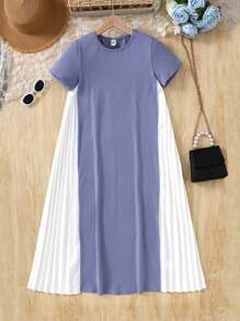 Tween Girls' Knit Solid Seam Patching Pleated Casual Dress, Suitable For Spring/Summer, Casual Outing, Back To School, Smoky Blue - Dusty Blue - View 7