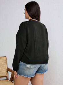 SHEIN Tall CURVE 大码女式纯色长袖上衣，简约时尚，适合夏季 - 黑色 - 查看 2